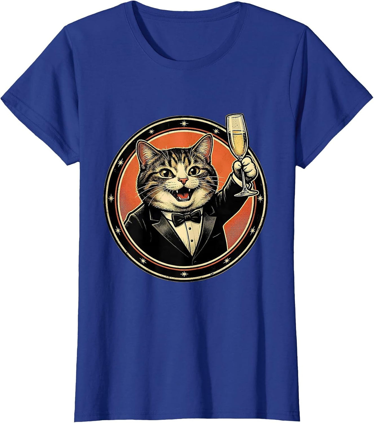 Women's Fancy Cat in Tuxedo with Champagne Glass T-Shirt - Royal Blue