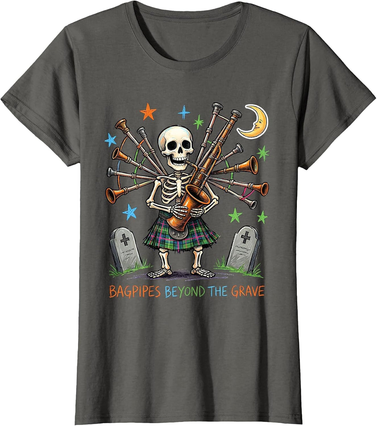 Women's Halloween Skeleton Bagpiper Scottish Design T-Shirt - Asphalt Grey