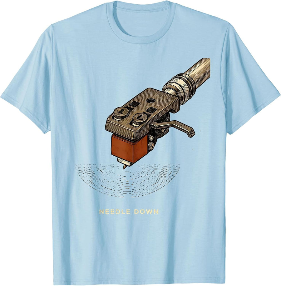 Men's Needle Down Vintage Vinyl Record Turntable Enthusiast T-Shirt - Baby Blue