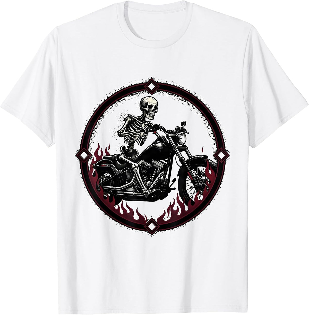 Men's Skeleton Rider Flaming Motorcycle Biker Graphic T-Shirt - White