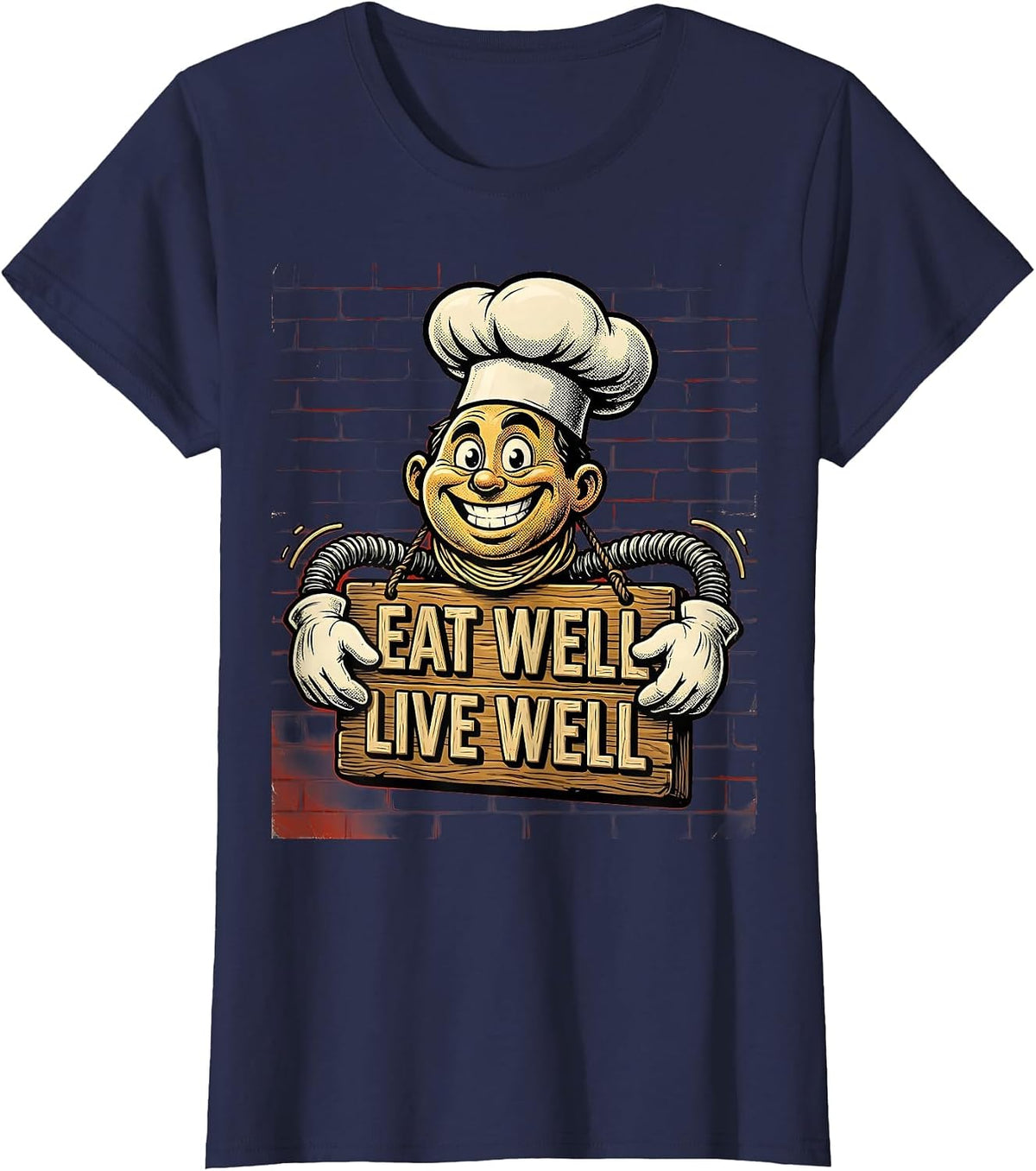 Women's Eat Well Live Well Chef Culinary Design T-Shirt - Navy Blue