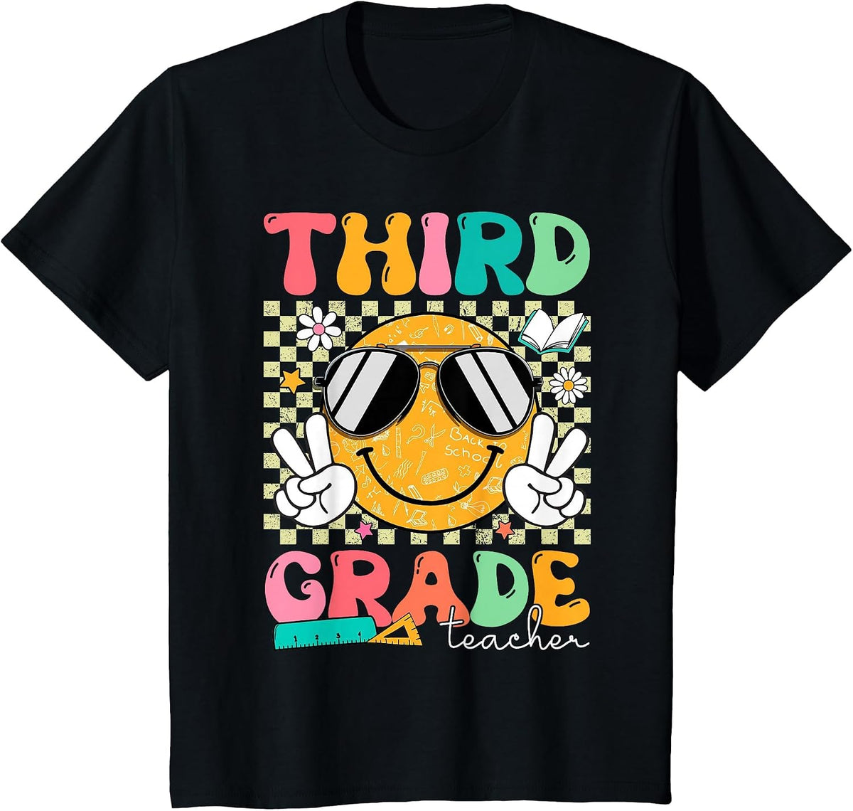 Third 3rd Grade Teacher Smile Face Back to School Groovy T-Shirt - Black
