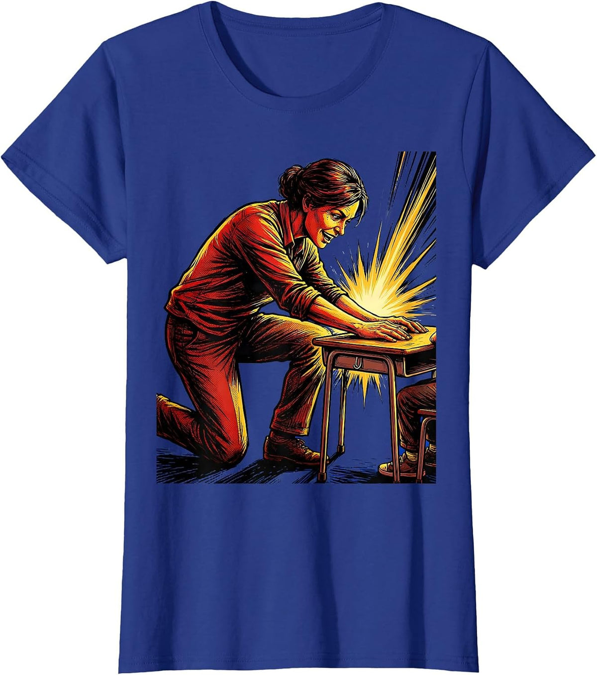 Women's SPED Teacher Kneeling at Student Desk Illustration T-Shirt - Royal Blue