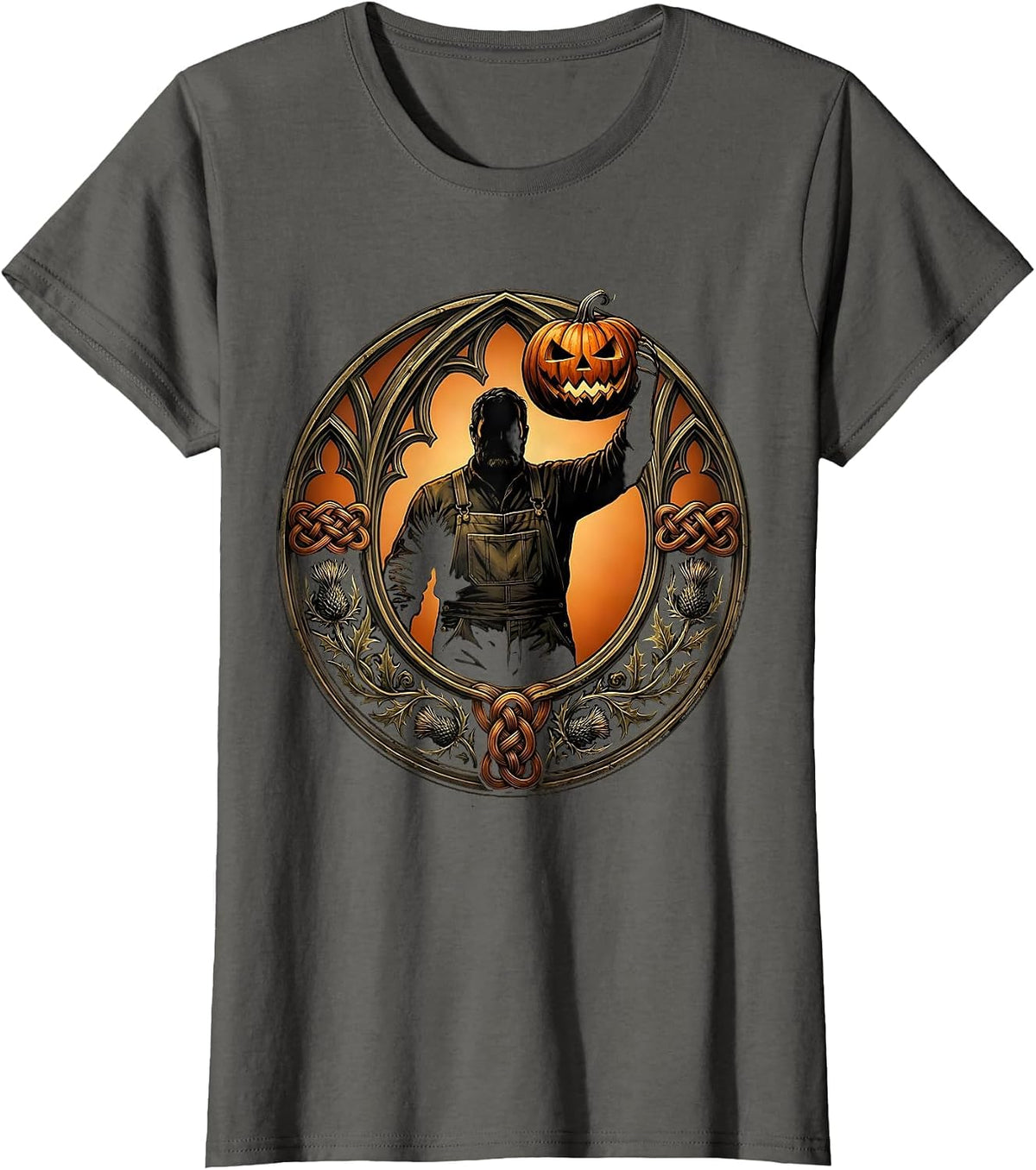 Women's Pumpkin Farmer Carved Lantern Halloween Graphic T-Shirt - Asphalt Grey