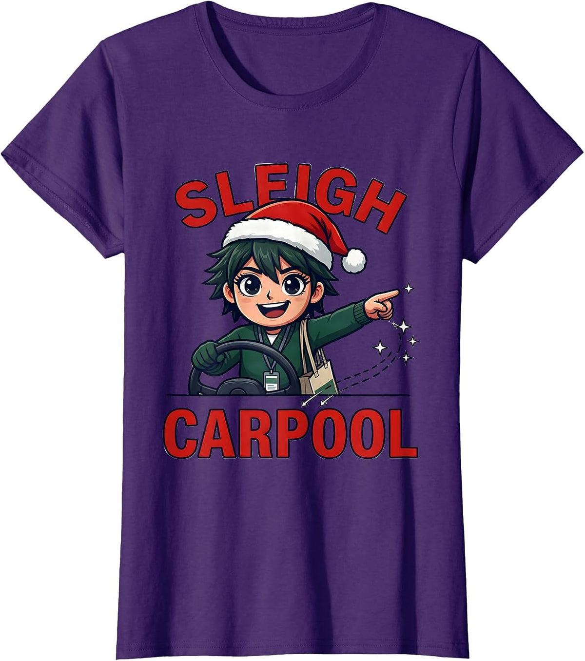 Women's SLEIGH CARPOOL Funny Teacher Christmas School Staff Humor T-Shirt - Purple