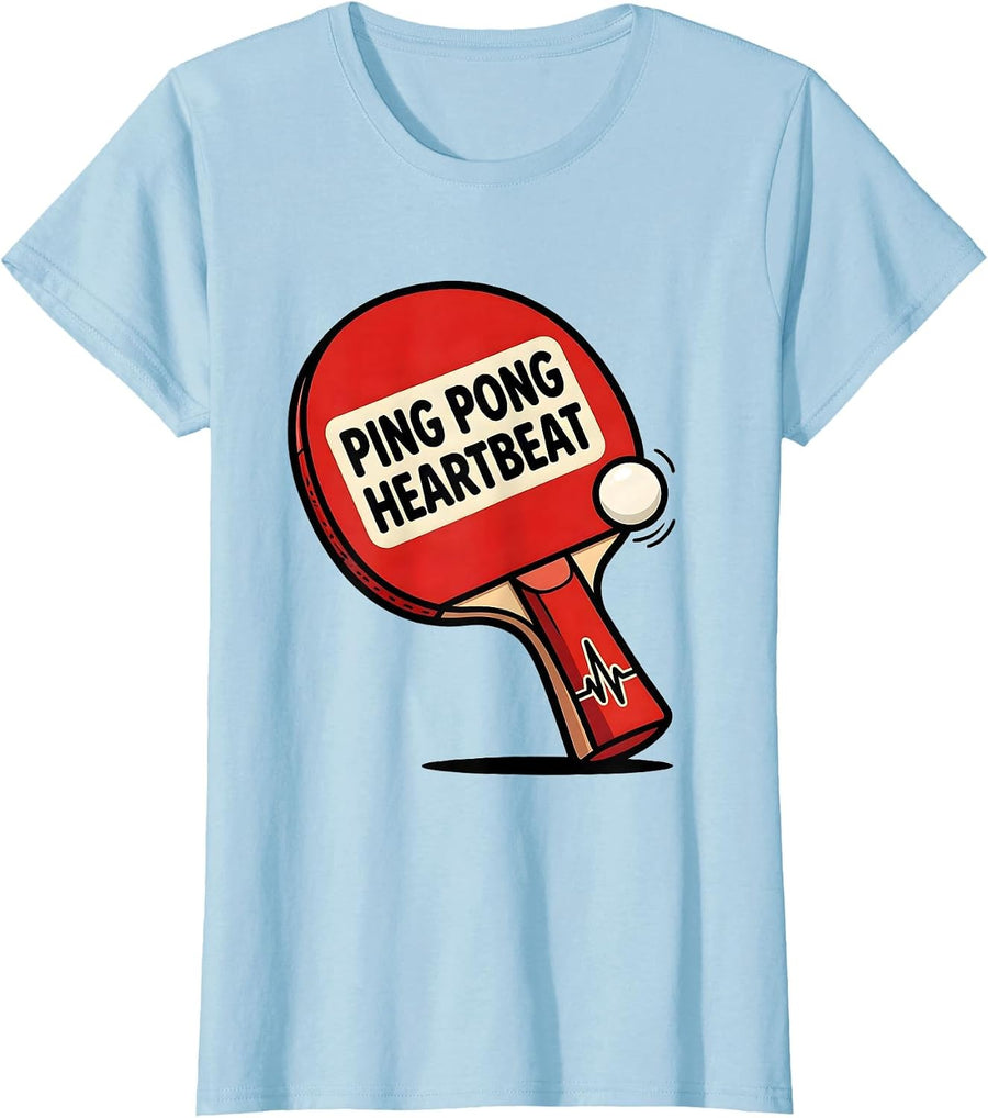 Women's Ping Pong Heartbeat Cartoon Paddle Humor Racket Sport Lover T-Shirt - Baby Blue