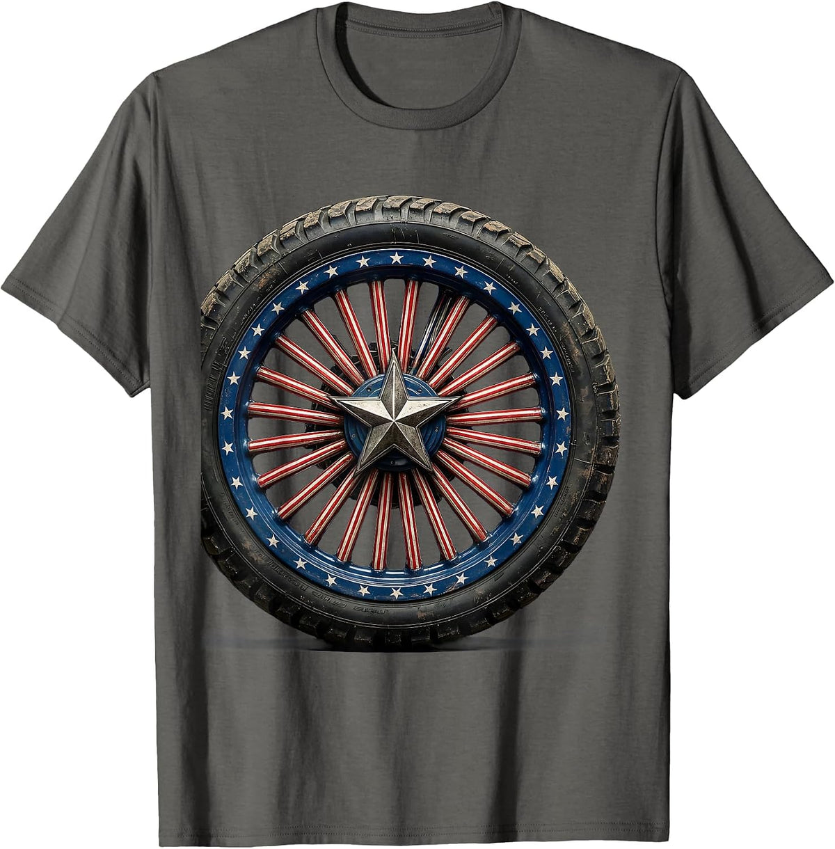 Men's Patriotic Motorcycle Wheel Star-Spangled Spokes T-Shirt - Asphalt Grey