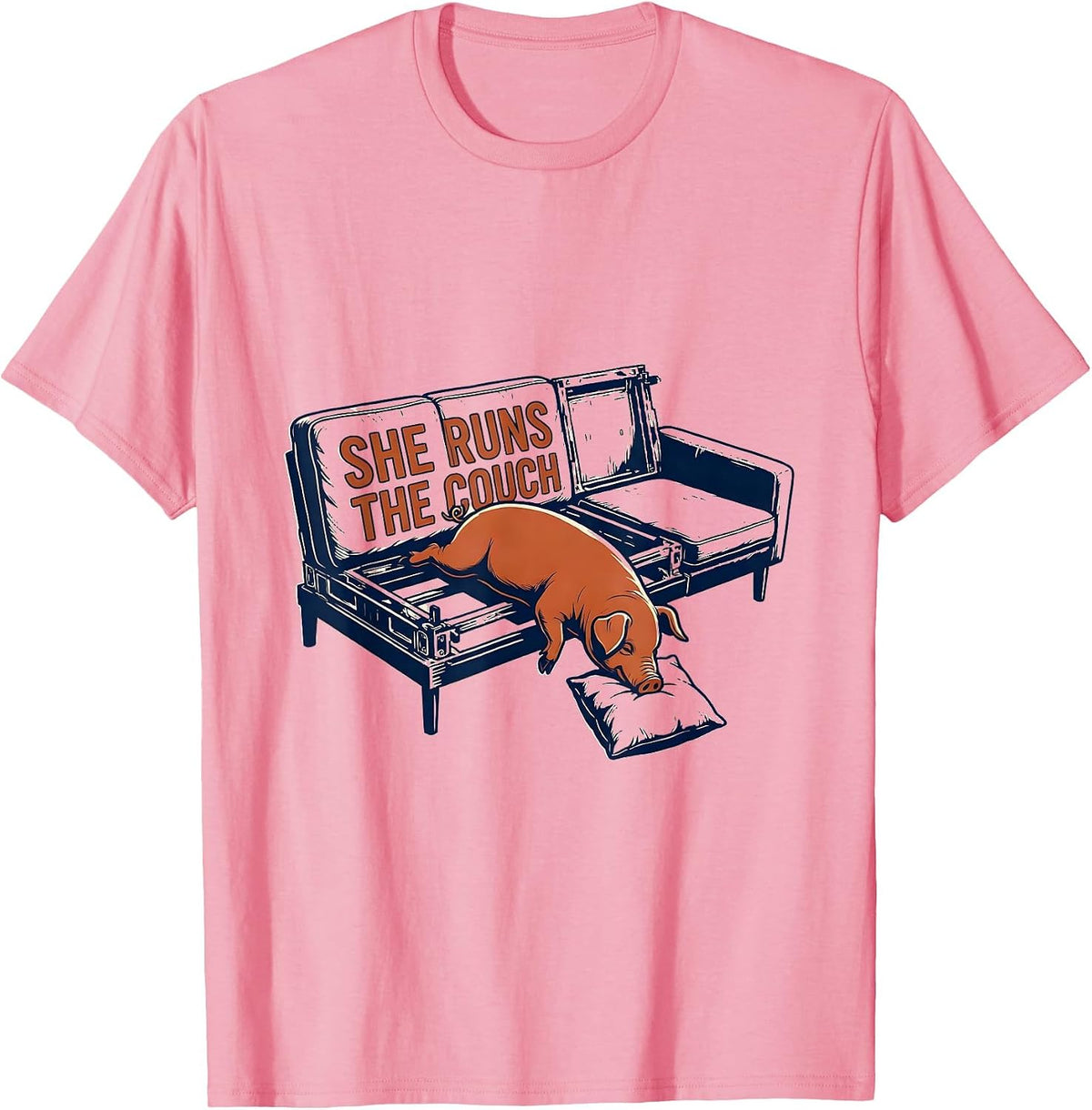 Men's She Runs The Couch Funny Pig Lover Farm Animal Humor T-Shirt - Pink
