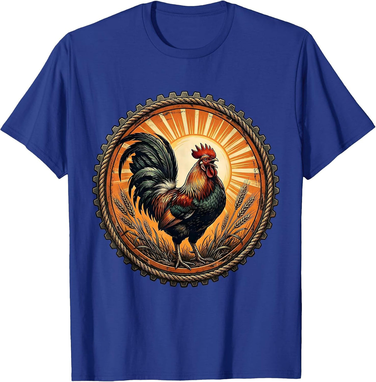 Rooster Crowing at Blazing Sunrise Illustration T-Shirt - Royal Blue