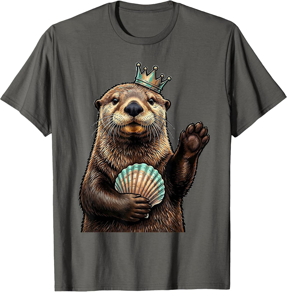 Upright Sea Otter Crown Marker Outline Humor T-Shirt - Asphalt Grey