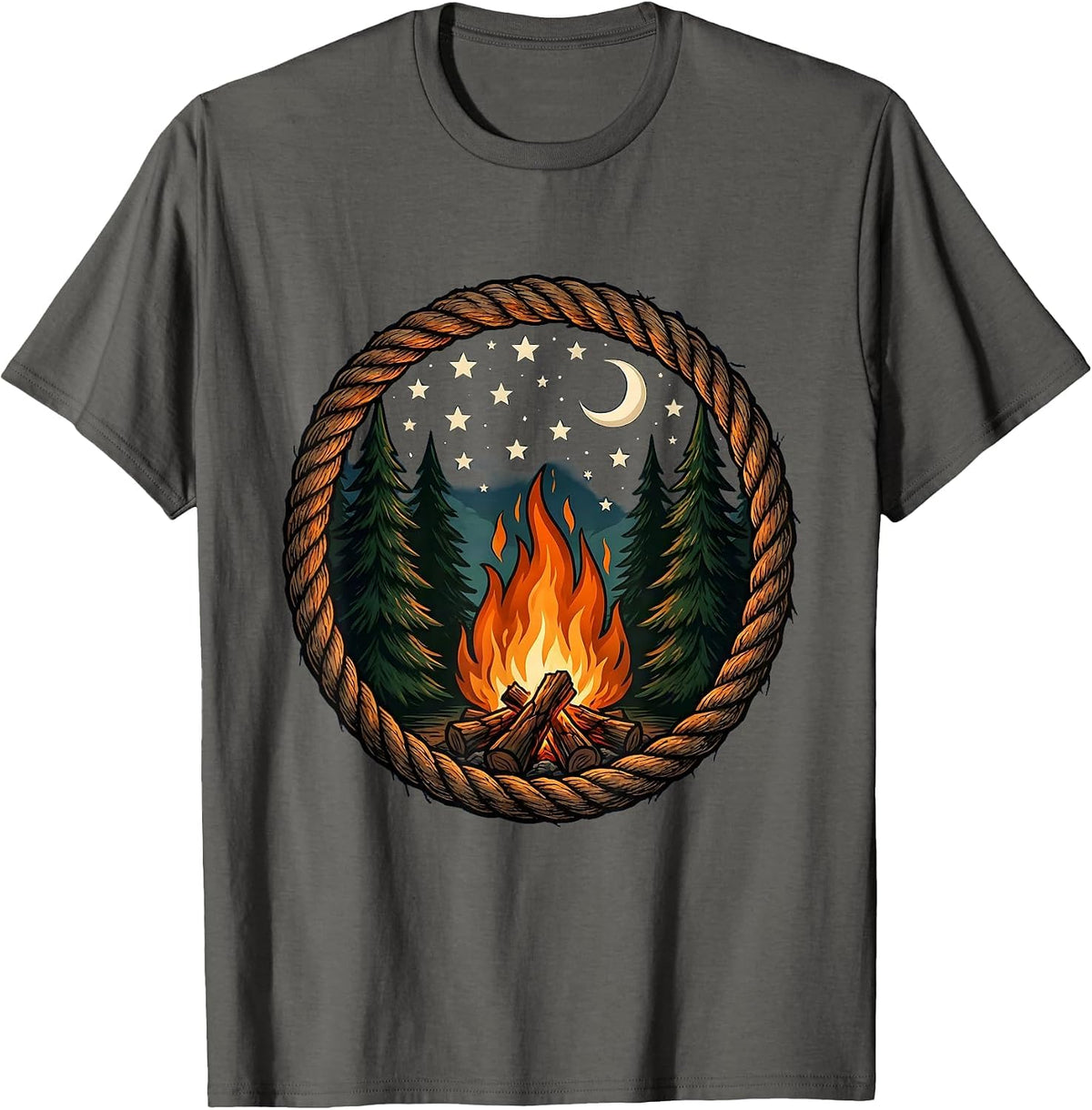 Men's Campfire Under a Starry Night Sky Illustration T-Shirt - Asphalt Grey