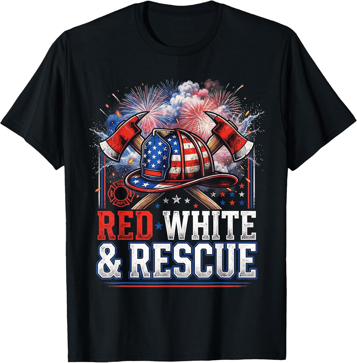 White Red Rescue 4th of July Patriotic Firefighter USA Flag T-Shirt - Black