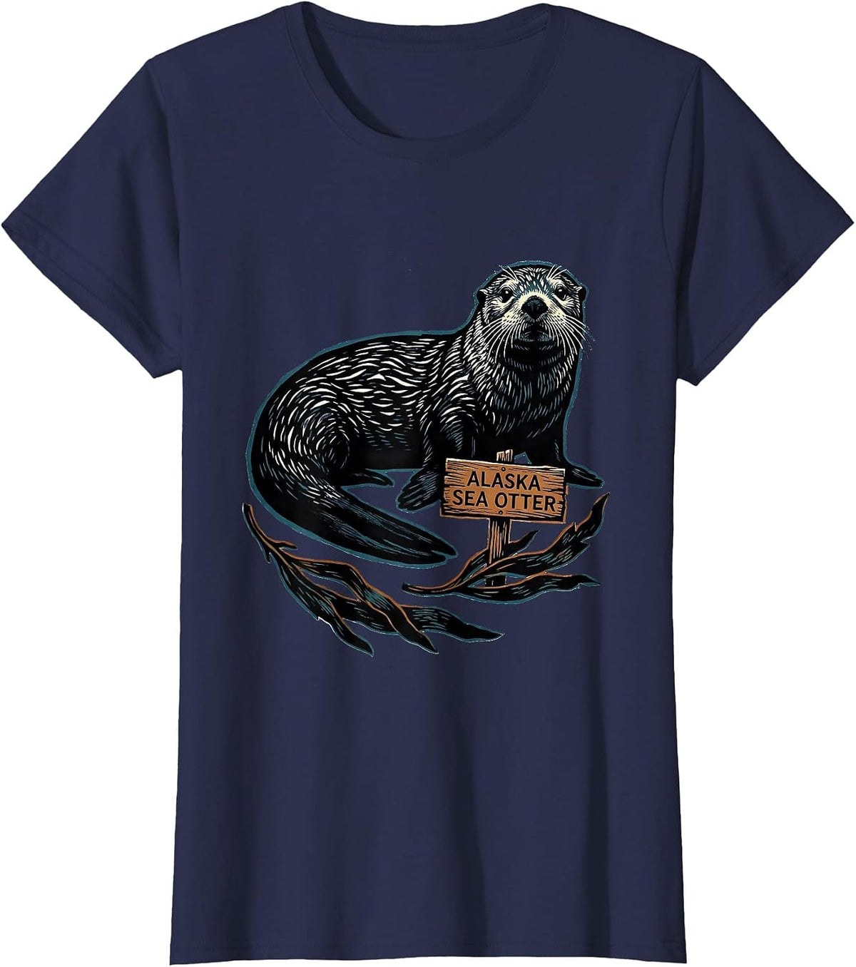 Women's Alaska Sea Otter Linocut Vintage State Pride Wildlife T-Shirt - Navy Blue