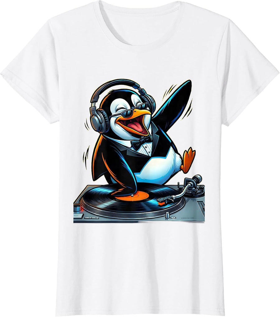 Women's Penguin DJ Spinning Records Turntable Graphic T-Shirt - White