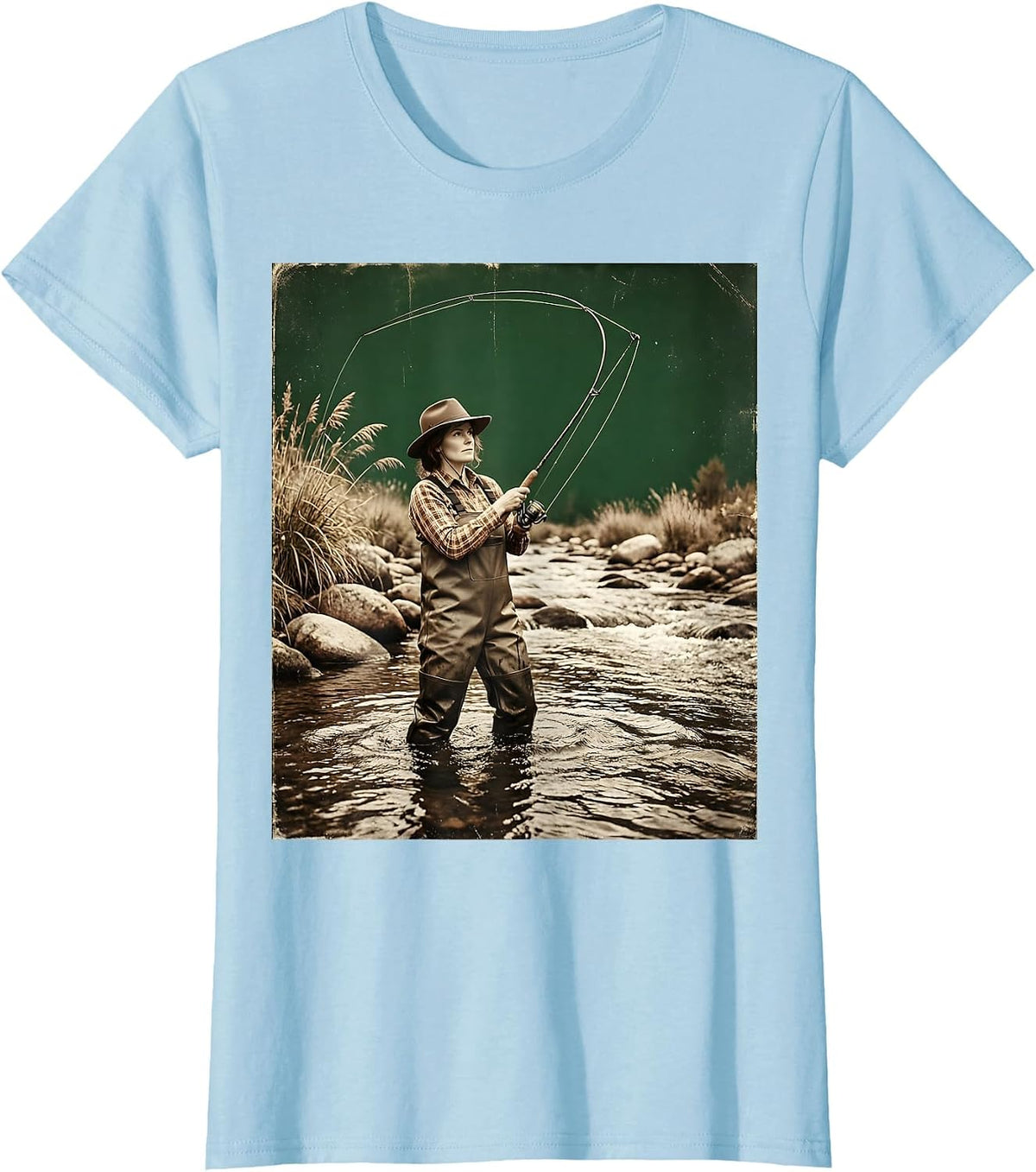 Fly Fishing Wading in Stream Graphic Design T-Shirt - Baby Blue