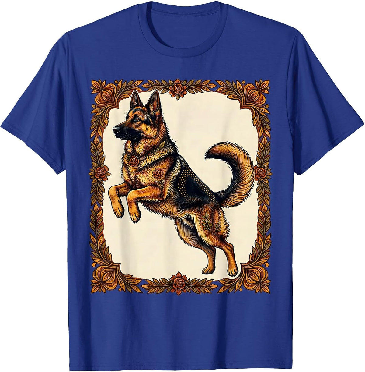 German Shepherd Mid-Leap Graphic Design T-Shirt - Royal Blue