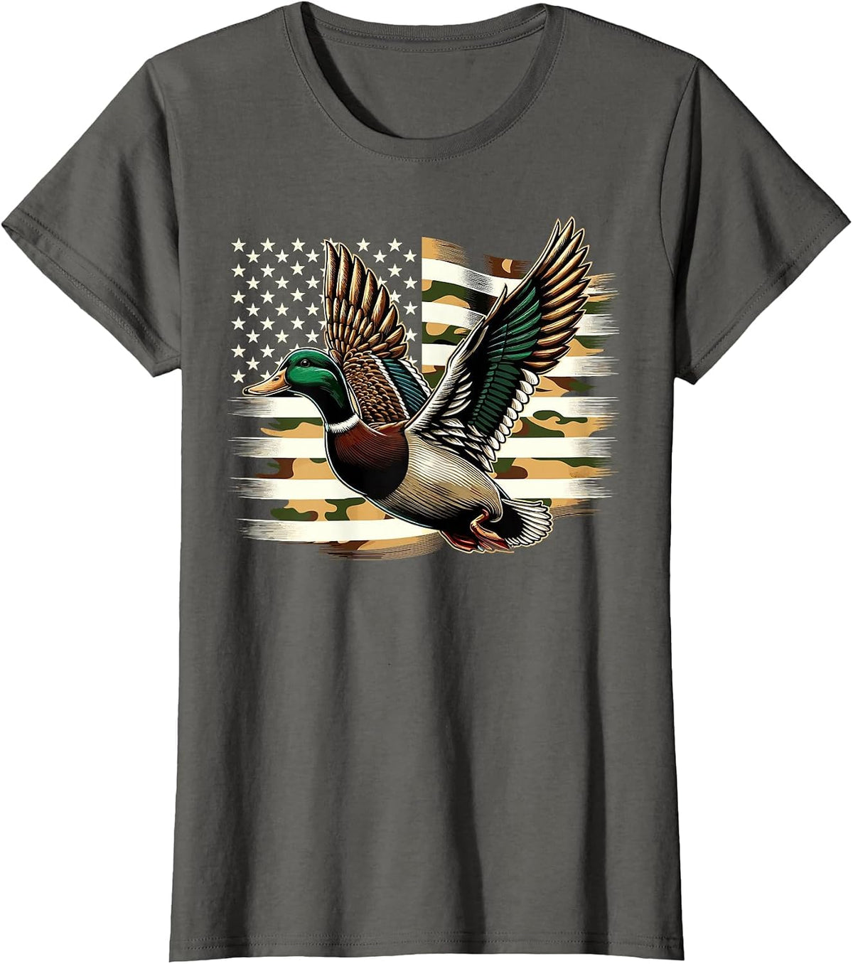 Duck Hunter Camouflage American Flag Hunting T-Shirt - Asphalt Grey