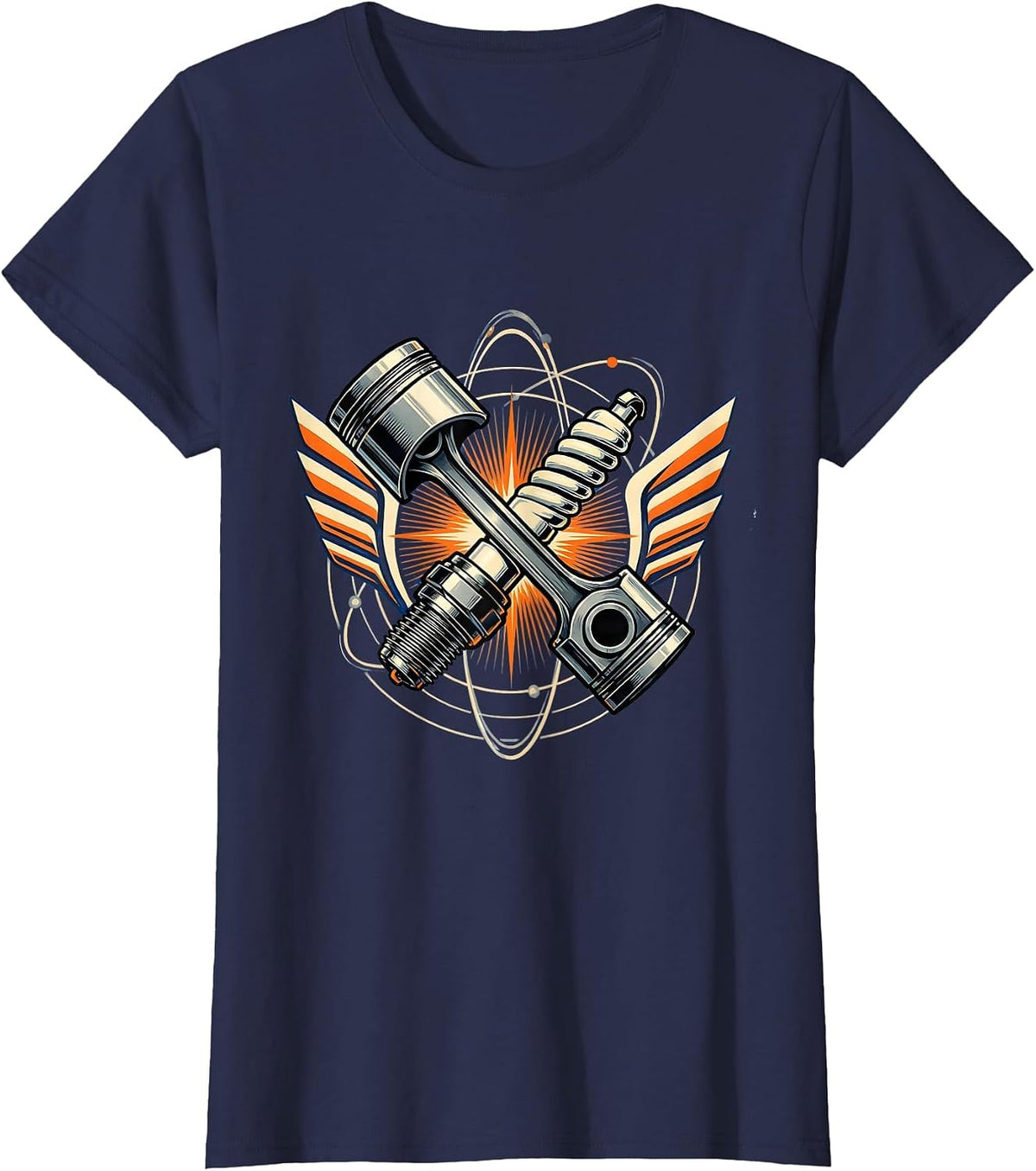 Women's Piston and Spark Plug Crossed Motorcycle Design T-Shirt - Navy Blue