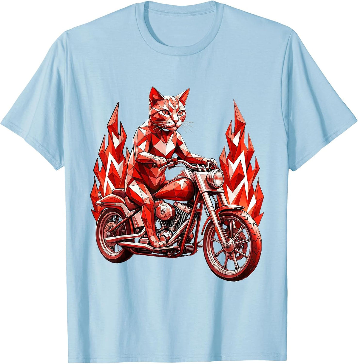 Cat Riding Chopper Motorcycle Through Flames T-Shirt - Baby Blue