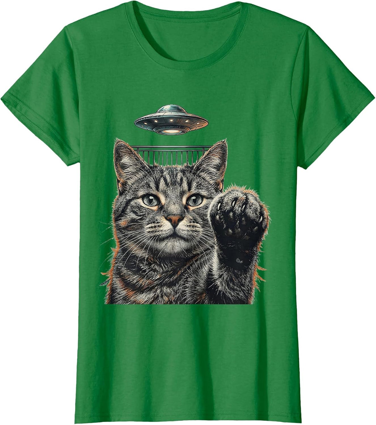 Women's Cat UFO Alien Selfie Funny Cat Owner Meme Gift T-Shirt - Kelly Green