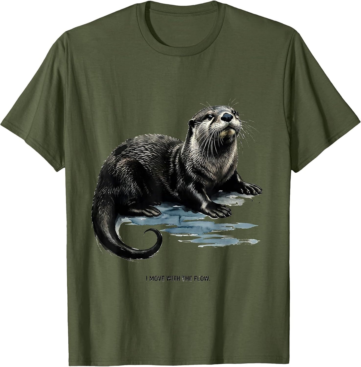 Men's I Move With The Flow Ink Brush Sea Otter Nature Humor T-Shirt - Olive Green