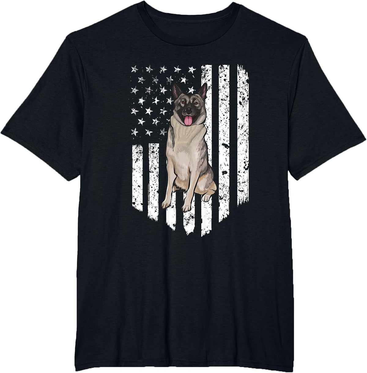 Black and White American Flag Norwegian Elkhound 4th of July USA T-Shirt - Black