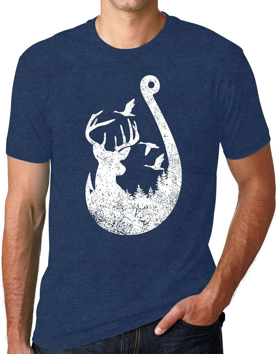 Hunting Shirt for Men Deer Hook Fishing American Flag Hunter Tee - Blue