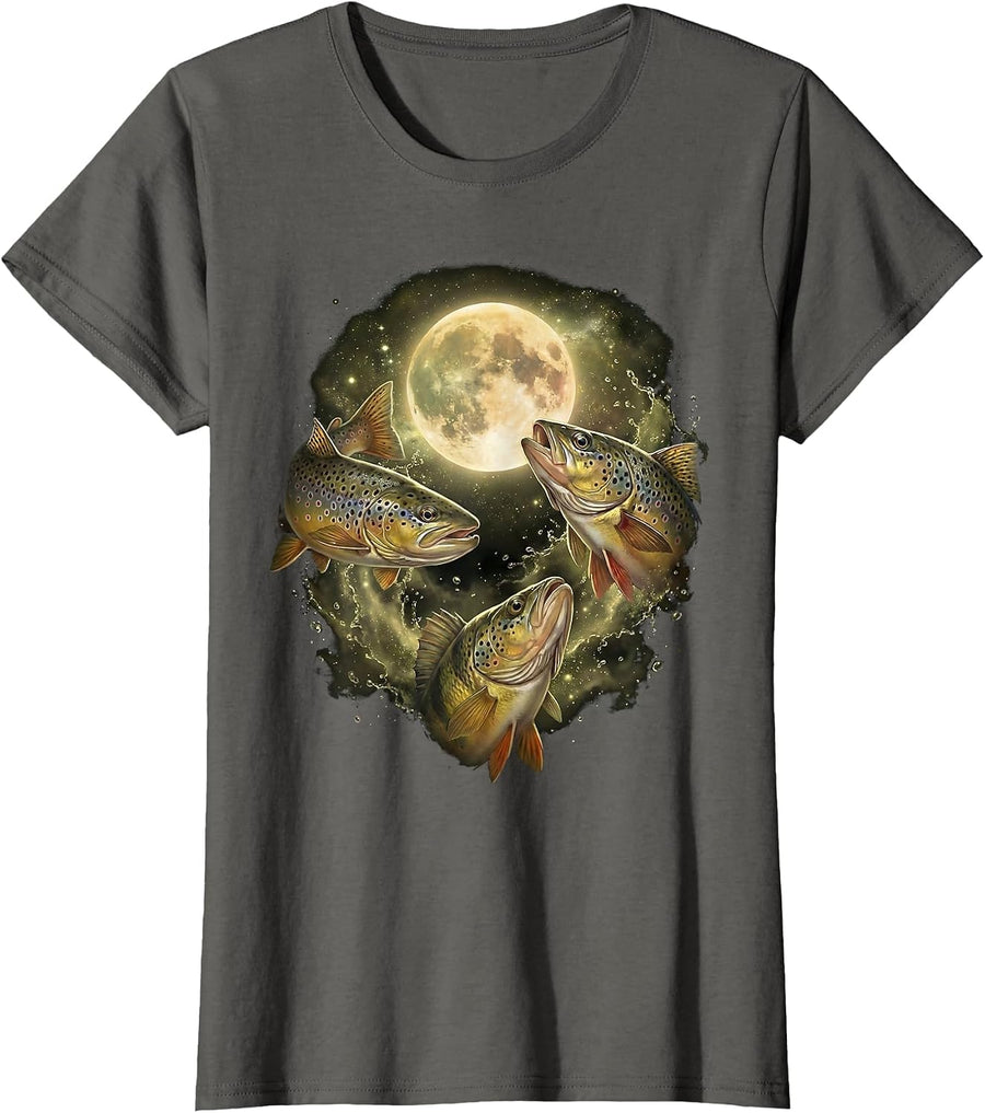 Trout Fisherman Howling Moon Design Brown Trout Fishing T-Shirt - Asphalt Grey
