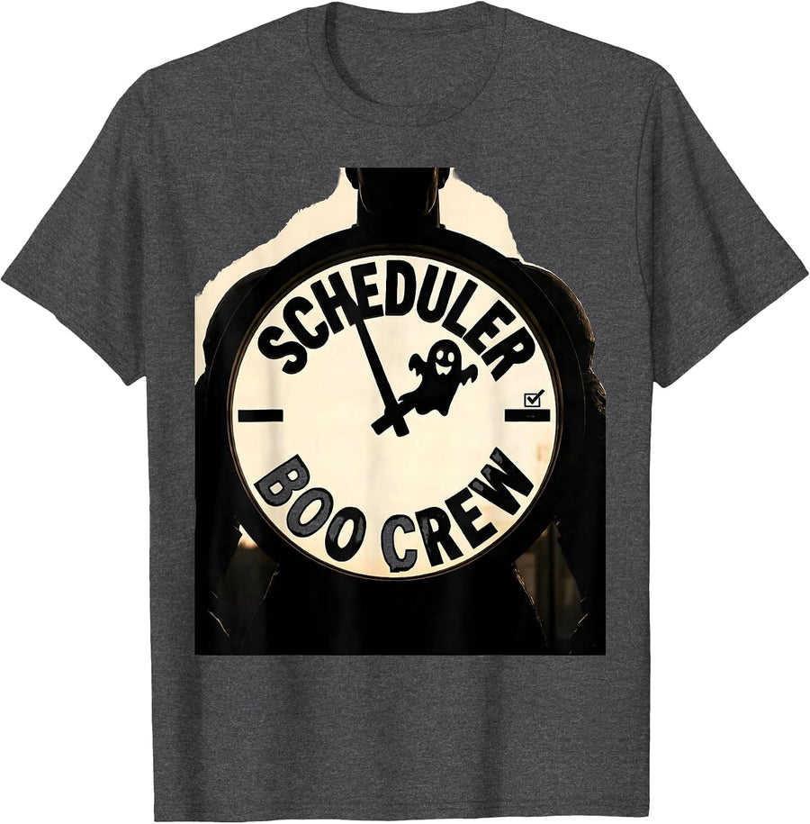 Men's Scheduler Boo Crew Funny Workplace Halloween Matching T-Shirt - Dark Heather Grey
