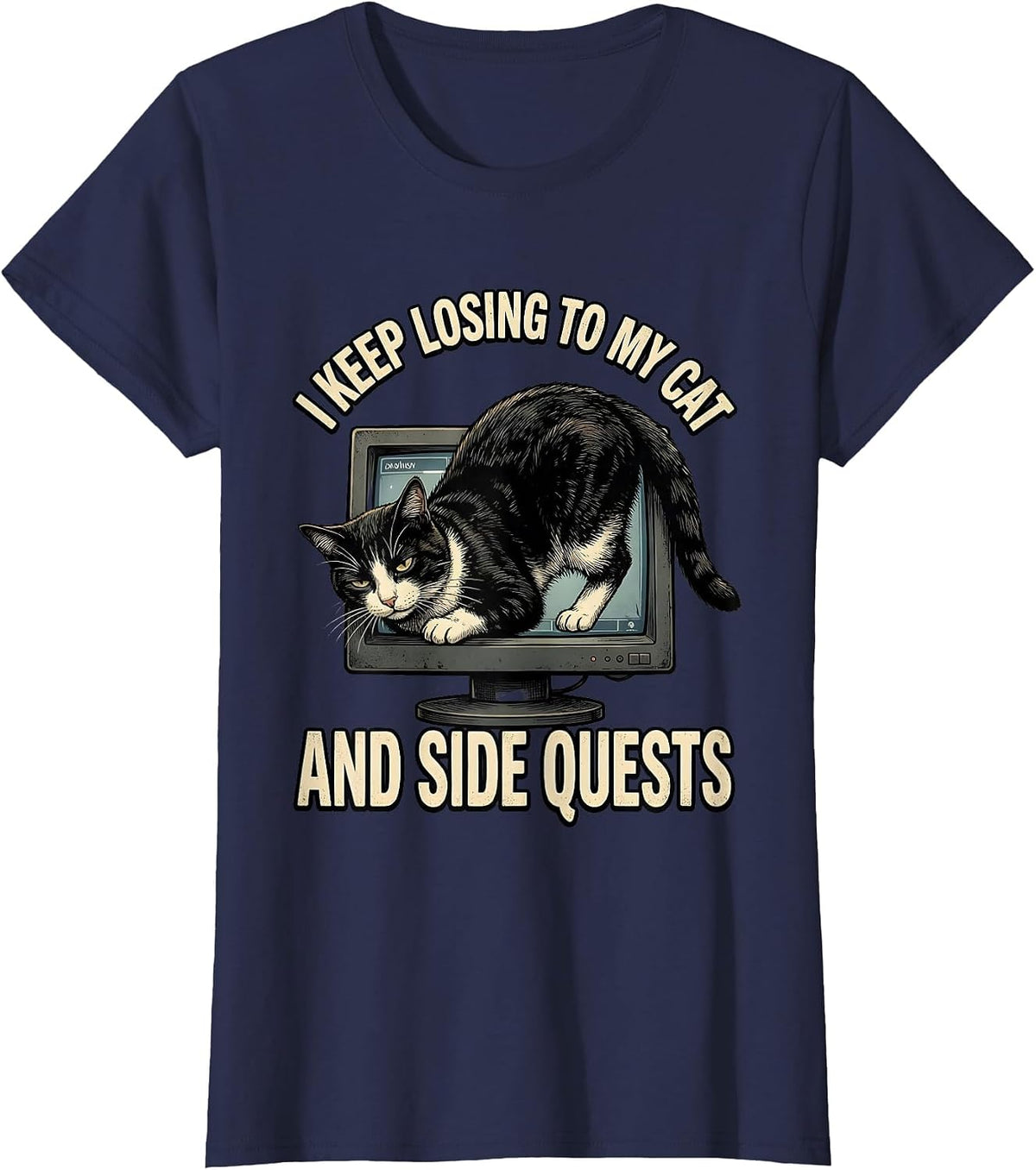 Women's I Keep Losing To My Cat And Side Quests Funny Gamer Cat T-Shirt - Navy Blue