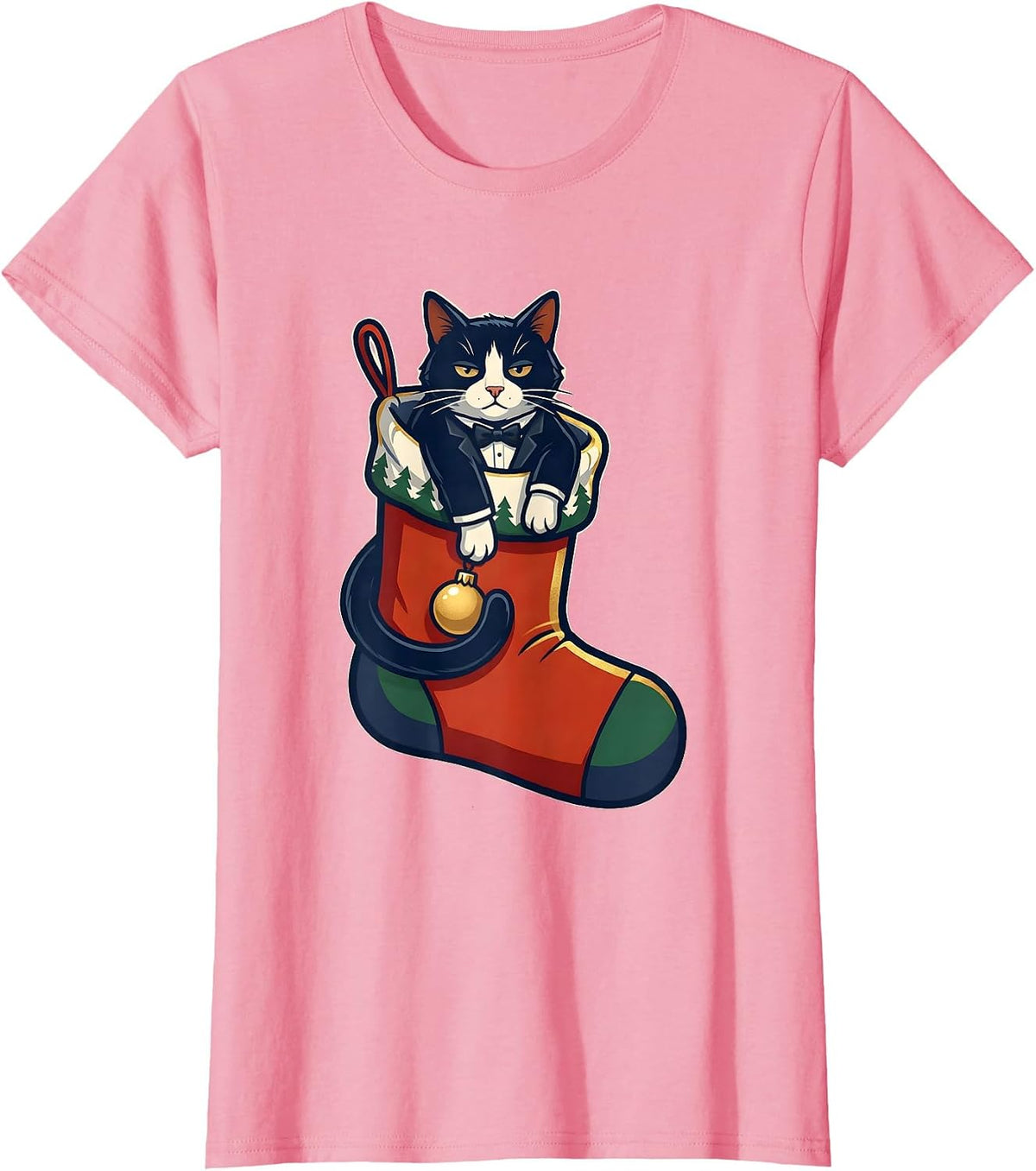 Women's Deadpan Tuxedo Cat Oversized Christmas Stocking Holiday T-Shirt - Pink