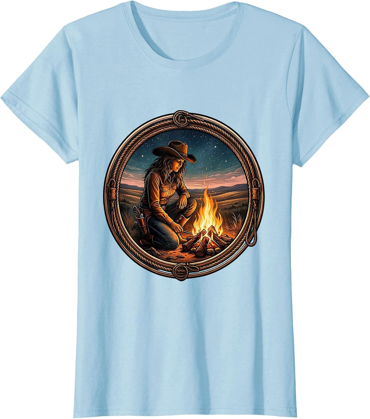 Cowgirl Campfire Glow Western Illustration T-Shirt - Baby Blue