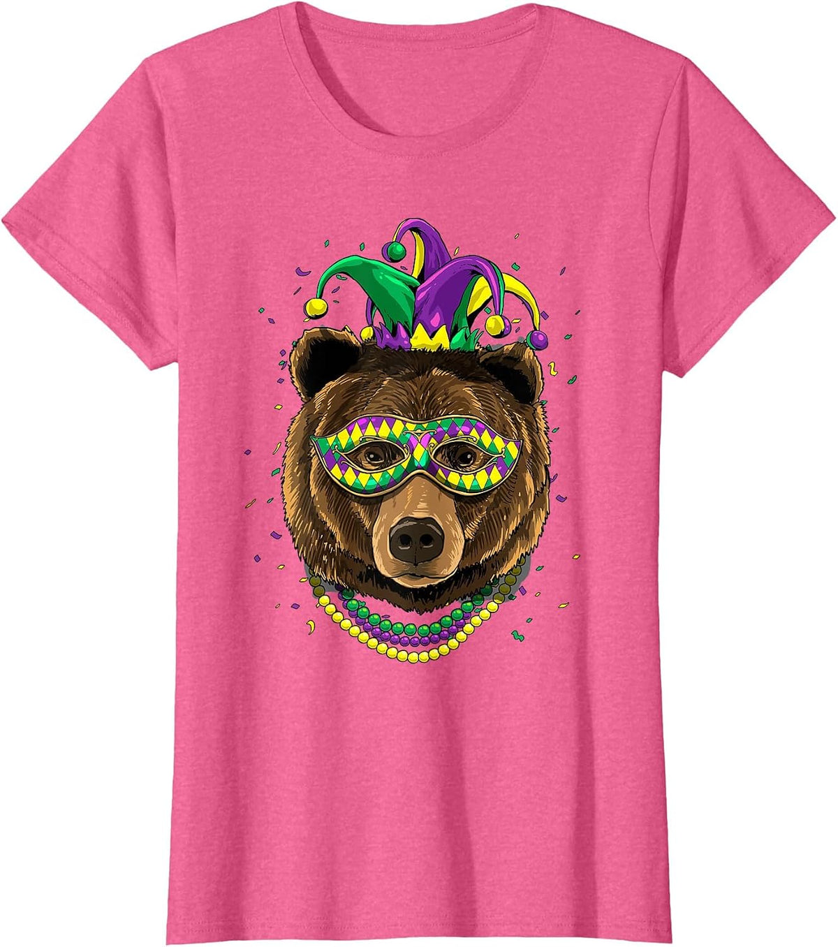 Bear Animal Lover Cute Mardi Gras Carnival Jester T-Shirt, Women, Pink Heather, X-Large - As Pictured