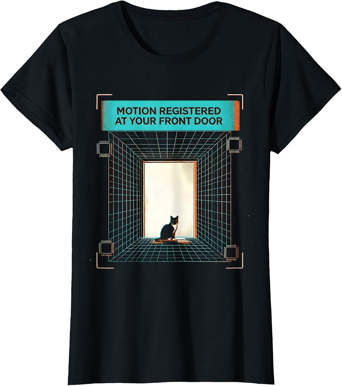 Women's Motion registered at your front door Funny Cat Motion Meme T-Shirt - Black