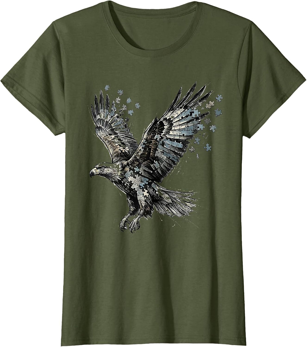 Women's Autism Awareness Puzzle Piece Soaring Bird Design T-Shirt - Olive Green