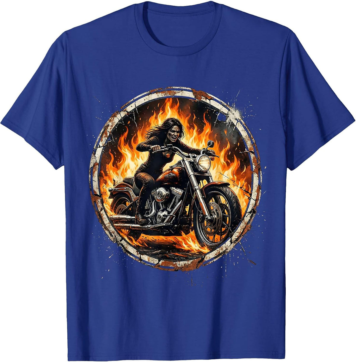Motorcycle Rider Blazing Through Flames Graphic T-Shirt - Royal Blue