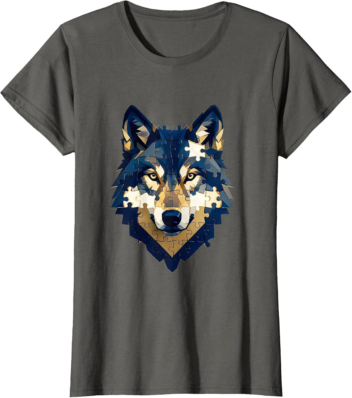 Women's Geometric Puzzle Piece Wolf Autism Awareness T-Shirt - Asphalt Grey