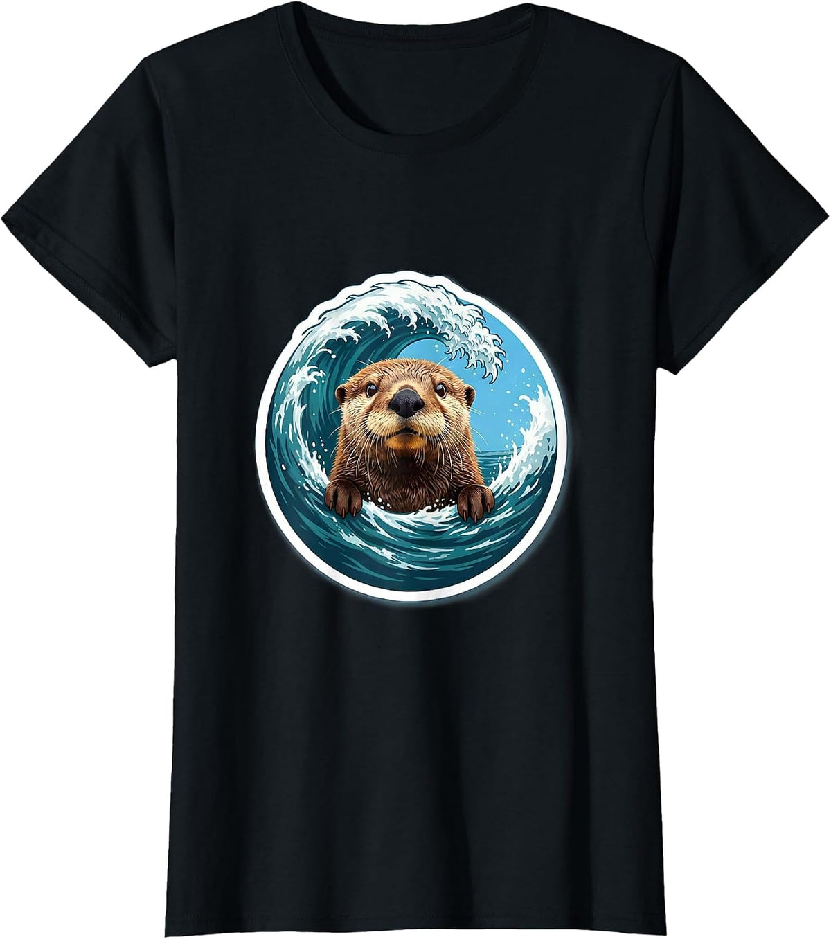 Sea Otter Crashing Ocean Wave Illustration T-Shirt - Black