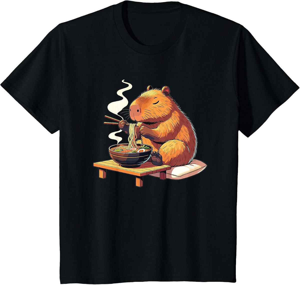 Sweet Capybara Eats Ramen Noodles Capybaras Ramen T-Shirt - Black