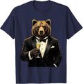Bear in Tuxedo Champagne Glass Illustration T-Shirt - Navy Blue