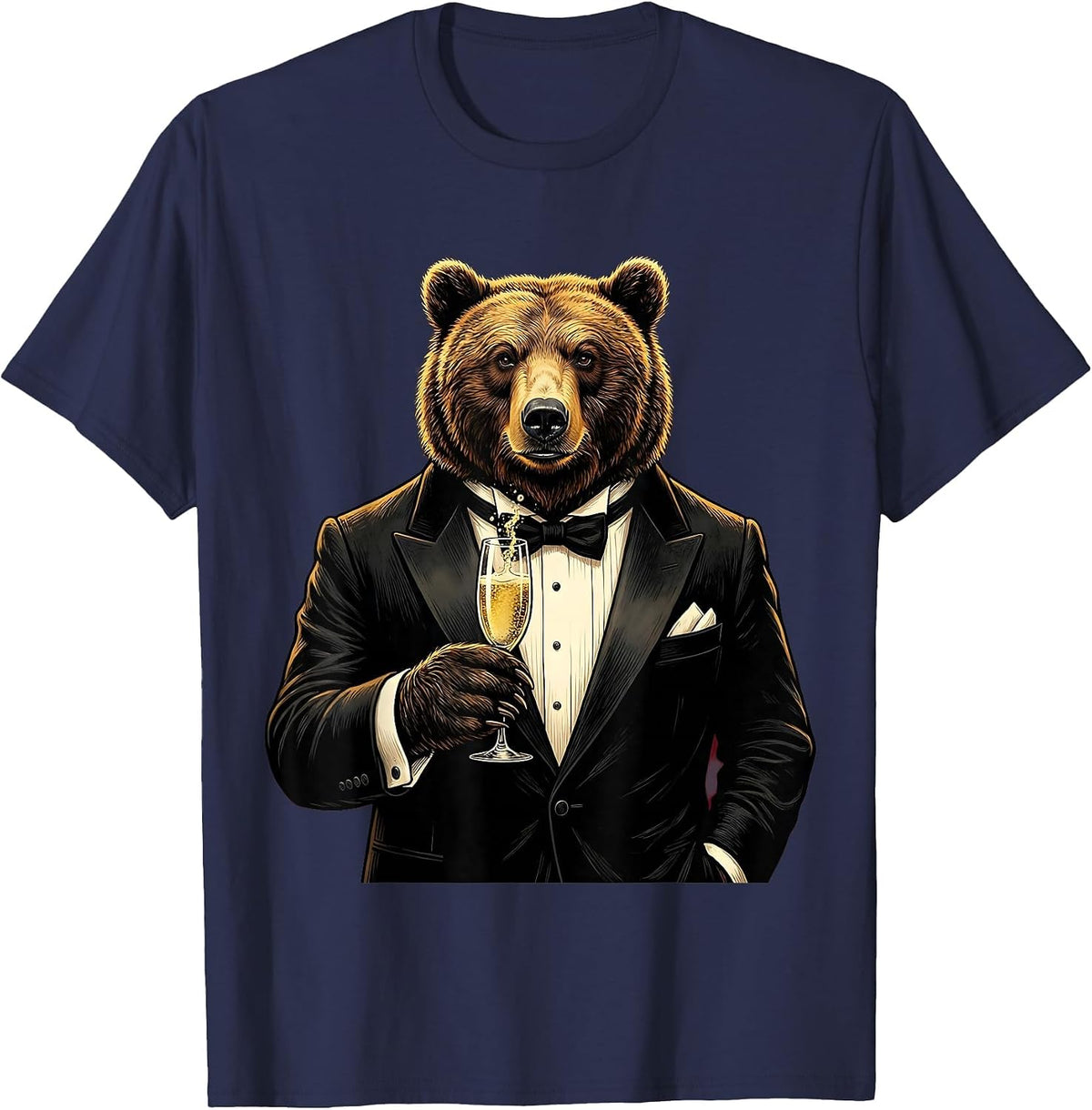 Bear in Tuxedo Champagne Glass Illustration T-Shirt - Navy Blue