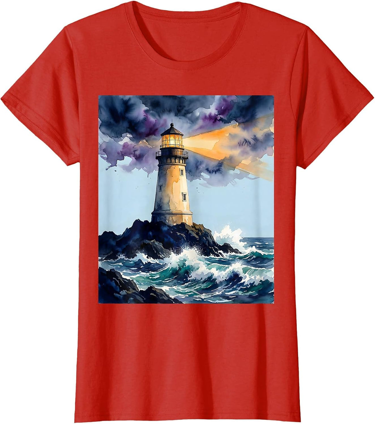 Autism Awareness Lighthouse Stormy Sea Graphic T-Shirt - Red