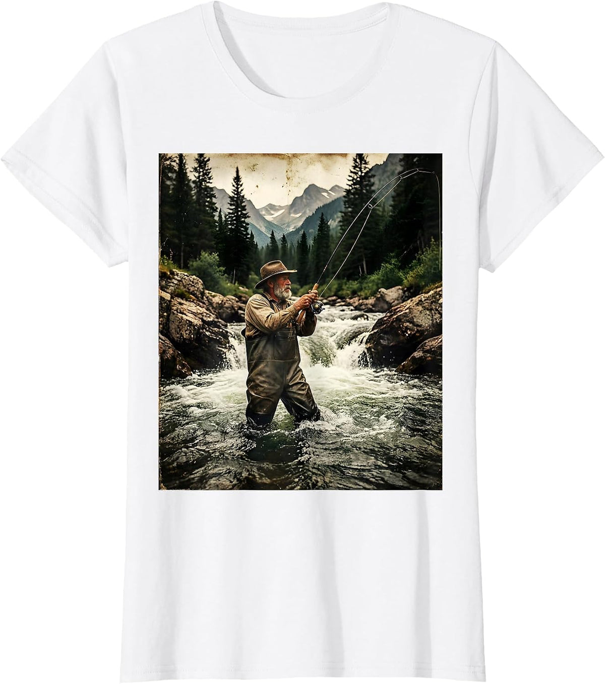 Fly Fishing Mountain Stream Wading Graphic T-Shirt - White