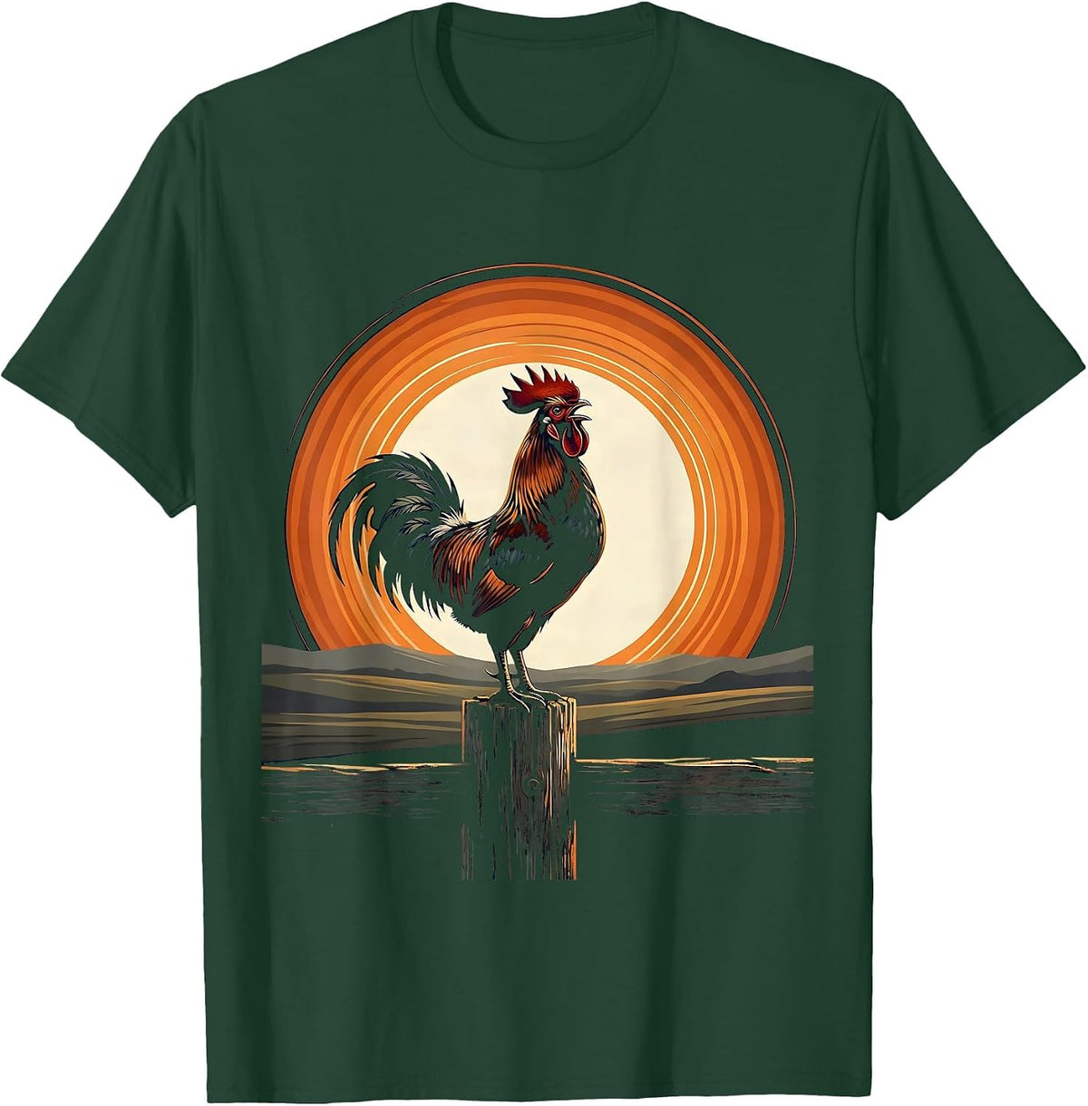 Men's Rooster Crowing on Fence Post Graphic T-Shirt - Dark Green