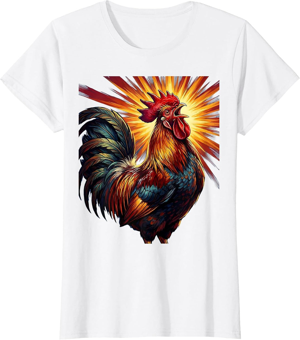Proud Rooster Crowing at Golden Sunrise T-Shirt - White