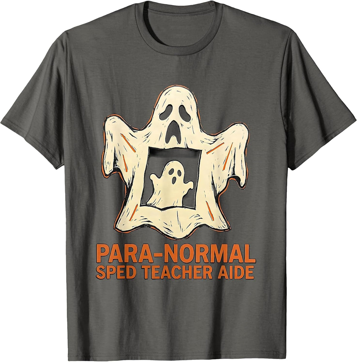 Men's Para-Normal SPED Teacher Aide Ghost Linocut Halloween T-Shirt - Asphalt Grey