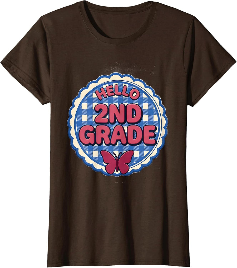 Women's Hello 2nd Grade Cute Coquette Bow Back to School Second T-Shirt - Brown