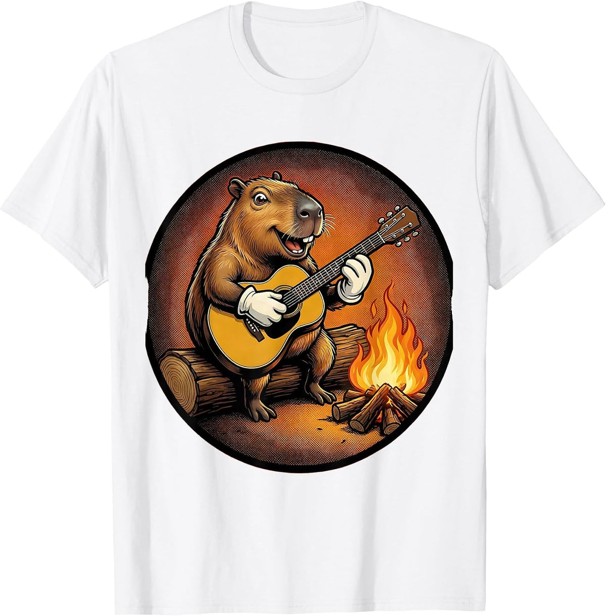 Men's Capybara Guitar Campfire Music Illustration T-Shirt - White