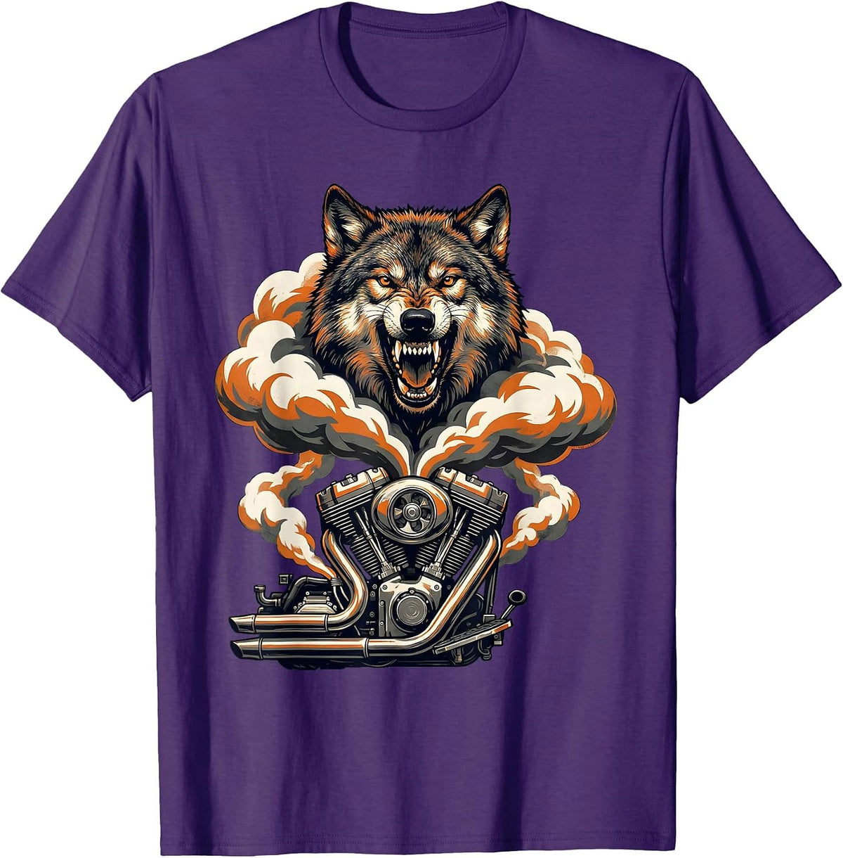 Wolf Head Motorcycle Engine Smoke Graphic T-Shirt - Purple