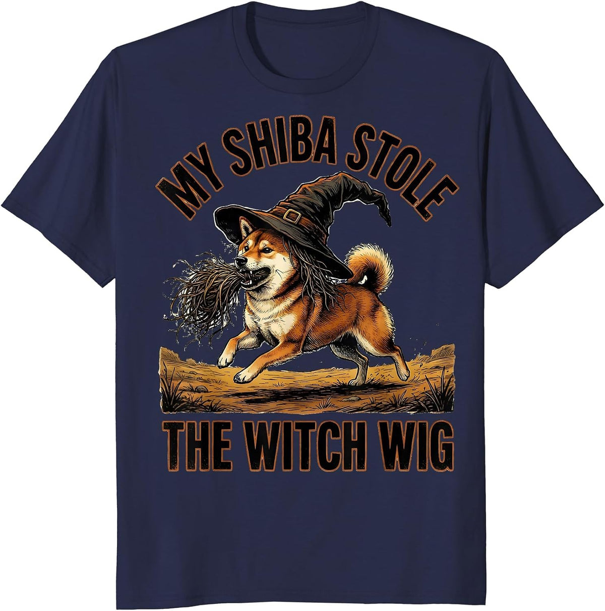 My Shiba Stole The Witch Wig Funny Dog Lover Halloween T-Shirt - Navy Blue
